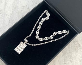 メンズネックレス - シルバーハンマードペンダントネックレス（男性用） - シルバーネックレスレイヤリングセット - メンズジュエリー - メンズシルバーチェーンペンダントギフト（英国）