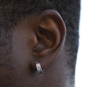12mm Silver Huggie Hoop Earrings For Men, Mens Earrings, Mens Silver Earrings,  Detailed Patterned Hoop Earring, Mens Jewelry Gifts