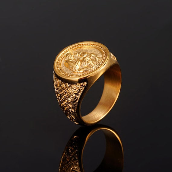 18K Gold Saint Christopher Ring - Large Statement Ring - Mens Ring