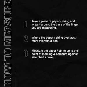 May include: Black and white graphic with instructions on how to measure a finger using a piece of paper or string. The steps are numbered 1, 2, and 3.