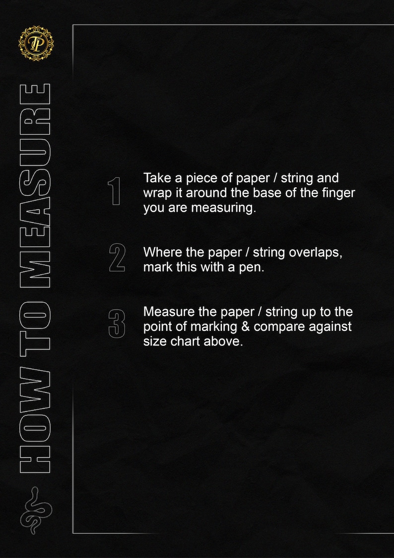 May include: Black and white graphic with instructions on how to measure a finger using a piece of paper or string. The steps are numbered 1, 2, and 3.
