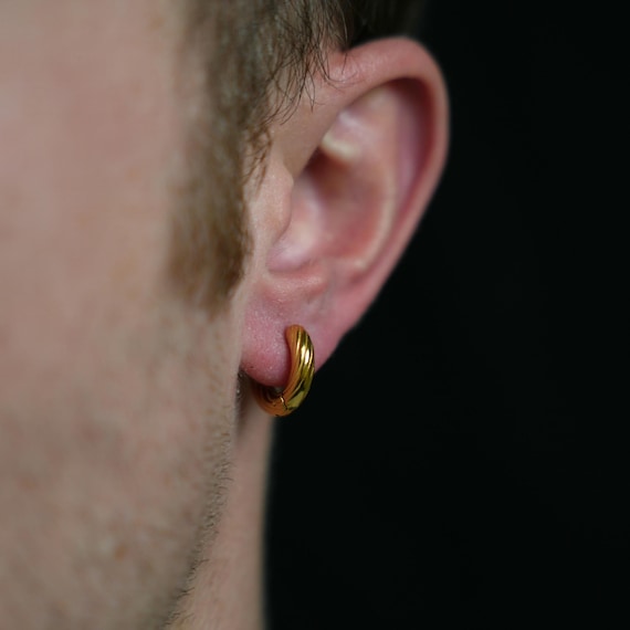 Men's Iced Cz Thick Two Tone Gold 925 Sterling Silver Huggie Hoop Earrings | UK