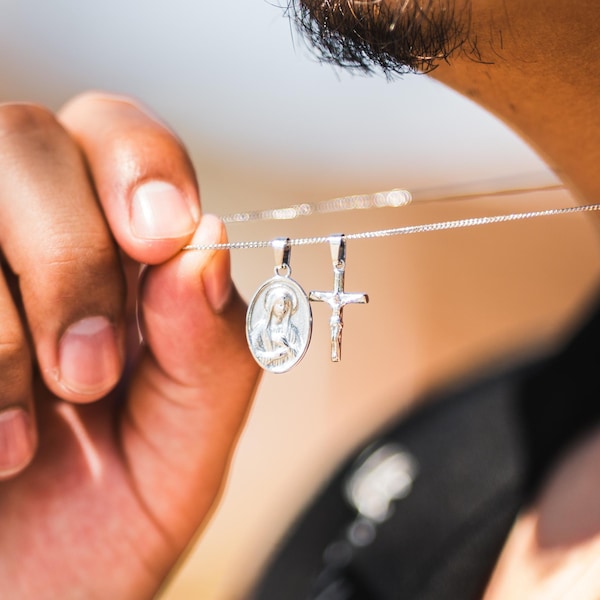 Silber Jungfrau Maria und Kruzifix Halskette für Männer - Herren Kreuz Halskette + Jungfrau Maria Anhänger - Katholischer Silber Anhänger - Herren Schmuck Geschenke