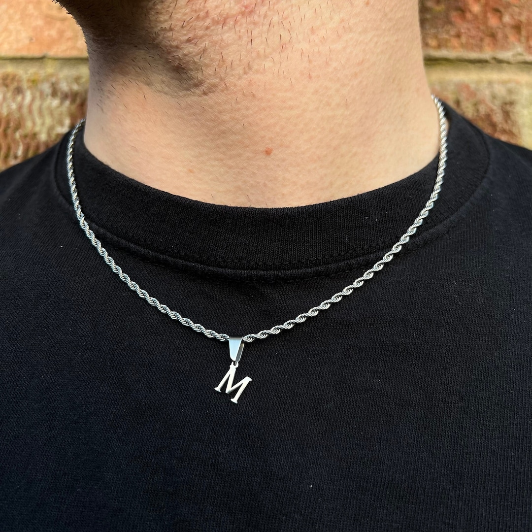 Silver Rope Chain Initial Necklaces for Men Letter Pendant Initial Necklace  for Men Boys Women Chunky Initial Necklaces for Mens Jewelry Mens Gifts 