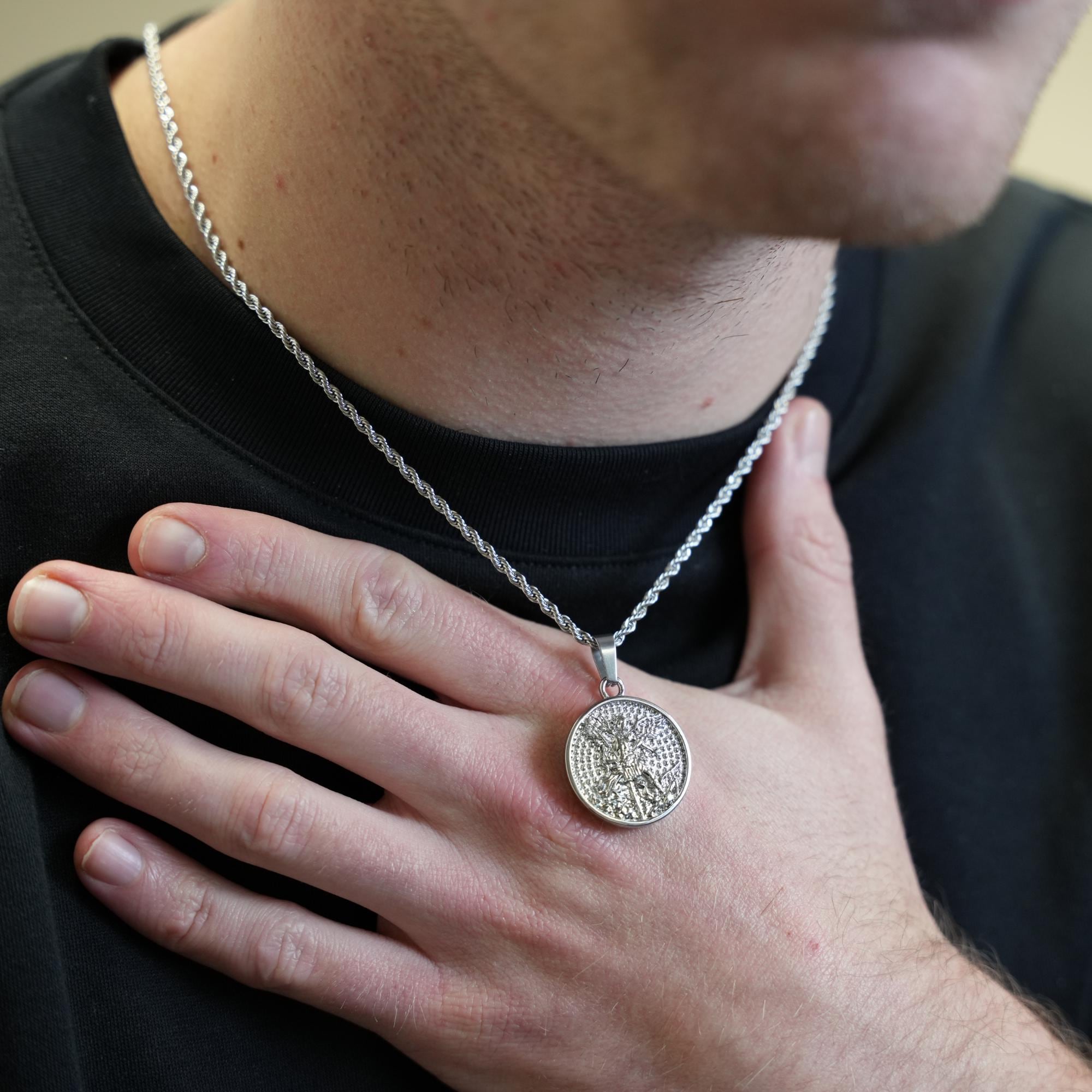 Mens Necklace - Silver Saint Michael Pendant Necklace - Silver 