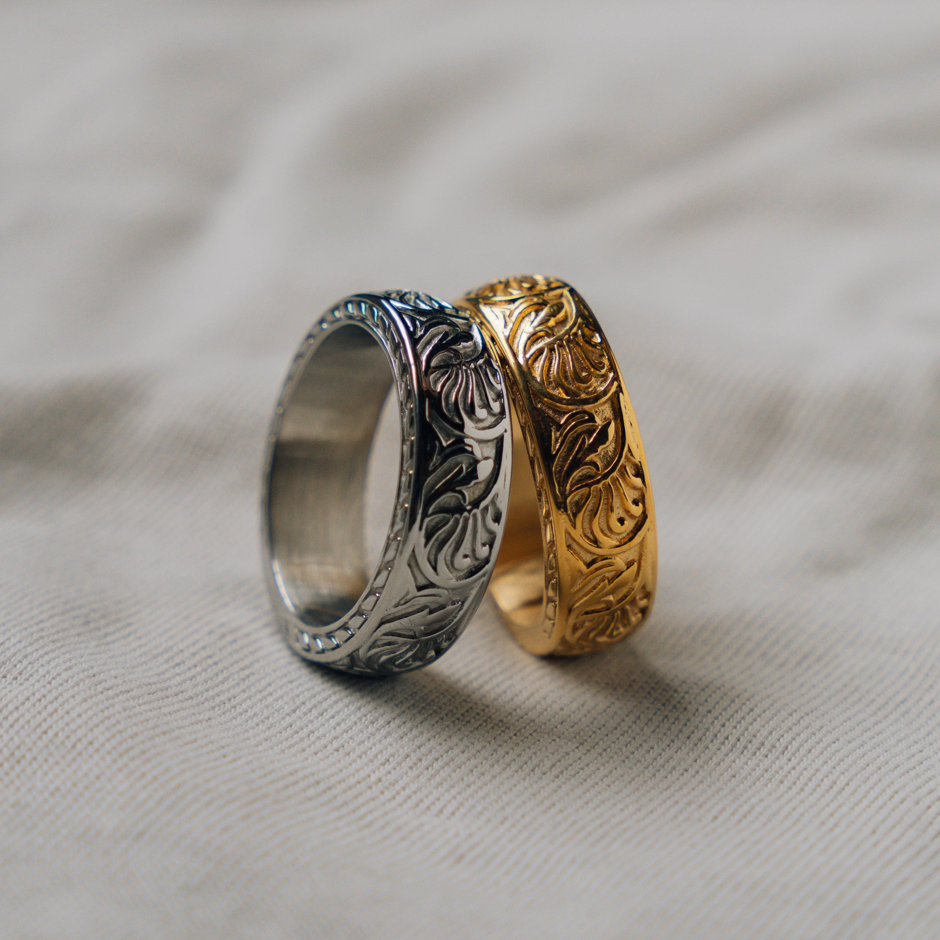 Mens Ring - 18K Gold / Silver Band Ring For Men - Chunky Pattern Mens Boho Ring - Gold Signet Ring - Mens Jewelry - Mens Pinky Ring Gift
