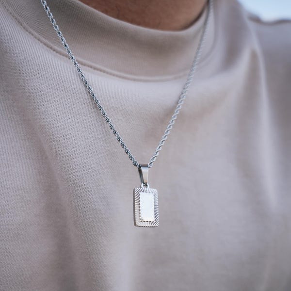 Mens Necklace - Minimal Silver Pendant Necklace For Men - Mens Jewelry - Steel Bar Necklace - Small Mens Silver Pendant - By Twistedpendant