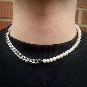 Mens Necklace, Silver Chain Man, Shell Pearl Chain, Half Pearl Half Silver Chain Necklace Men - Mens Jewelry Gifts - By Twistedpendant