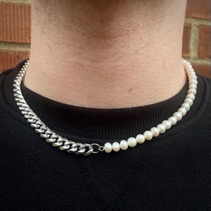 Mens Necklace, Silver Chain Man, Freshwater Pearl Chain, Half Pearl Half Silver Chain Necklace Men - Mens Jewelry Gifts - By Twistedpendant