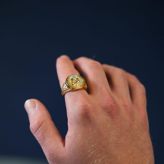 18K Gold Saint Christopher Ring - Large Statement Ring - Mens Ring