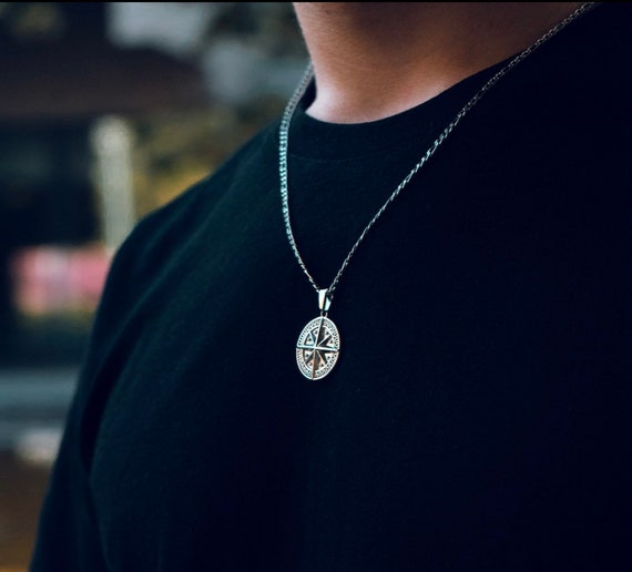 Men's Silver Compass Pendant Necklace