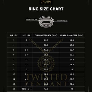 Op de afbeelding: Ringmaattabel met Amerikaanse en Britse maten, omtrek in millimeters en binnendiameter in millimeters. De tabel bevat maten van US 3 tot 13, met bijbehorende UK-maten. Het Twisted Pendant-logo staat bovenaan.