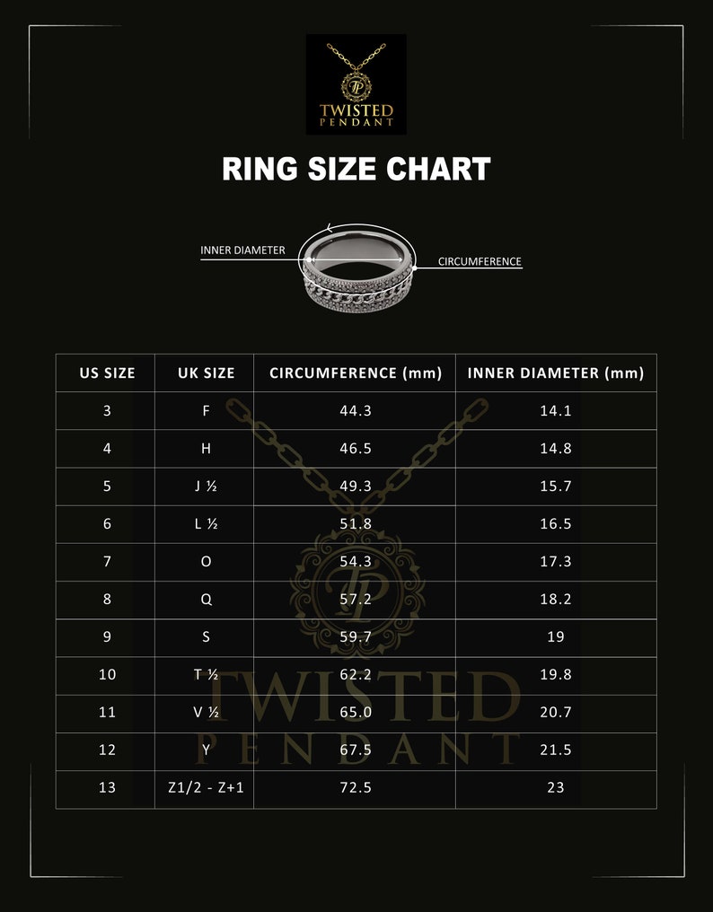 Op de afbeelding: Ringmaattabel met Amerikaanse en Britse maten, omtrek in millimeters en binnendiameter in millimeters. De tabel bevat maten van US 3 tot 13, met bijbehorende UK-maten. Het Twisted Pendant-logo staat bovenaan.