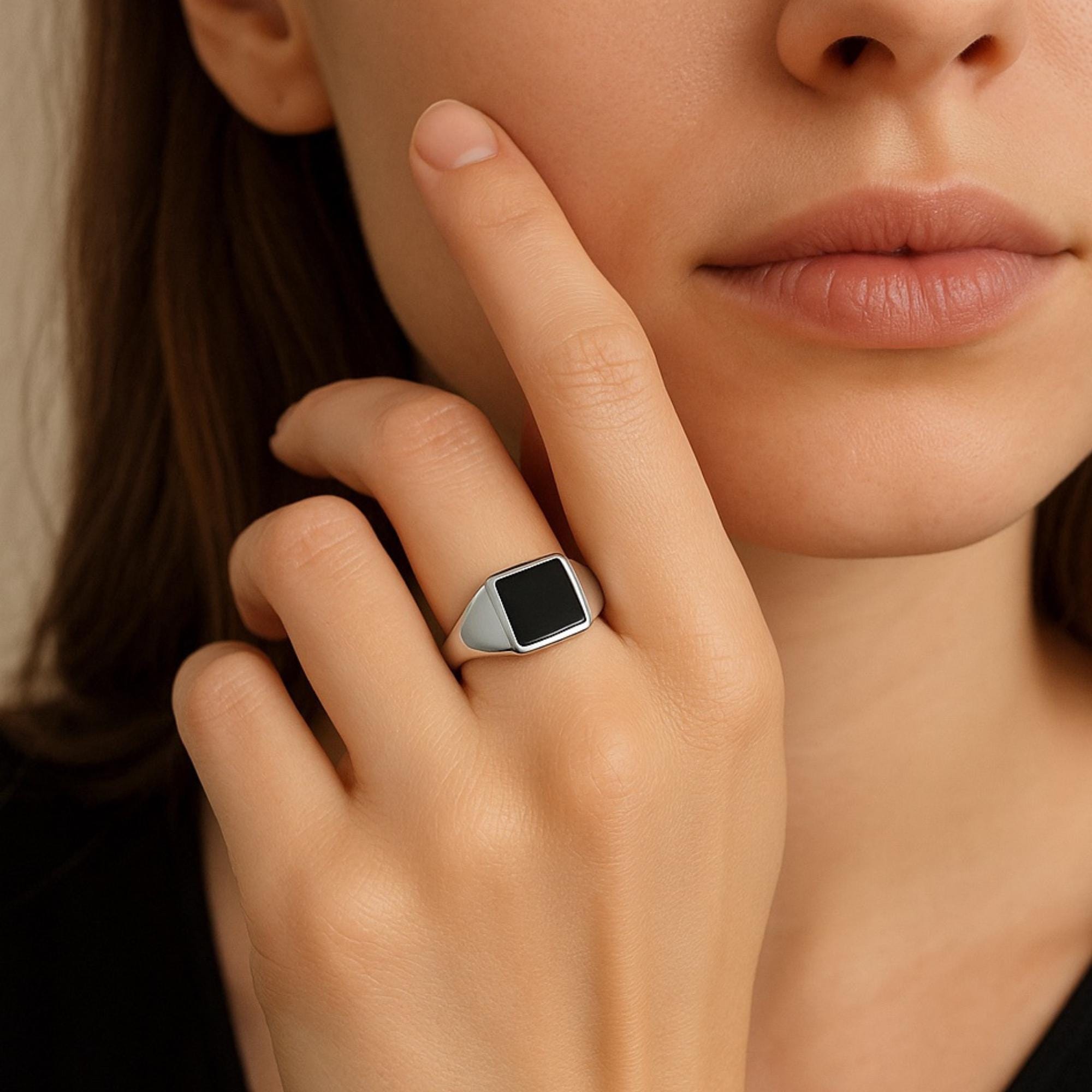 Silver Onyx Signet Ring - Square Signet Ring for Women - Black