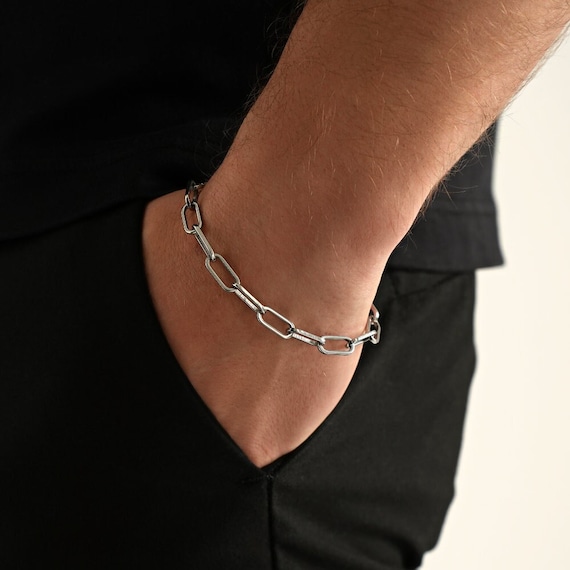 Mens Bracelet Paperclip Chain, Mens Silver Bracelet Link, Boys