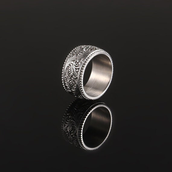 誠実 Silver Patterned Chunky Ring, Mens Band Signet Mens - Ring アクセサリー