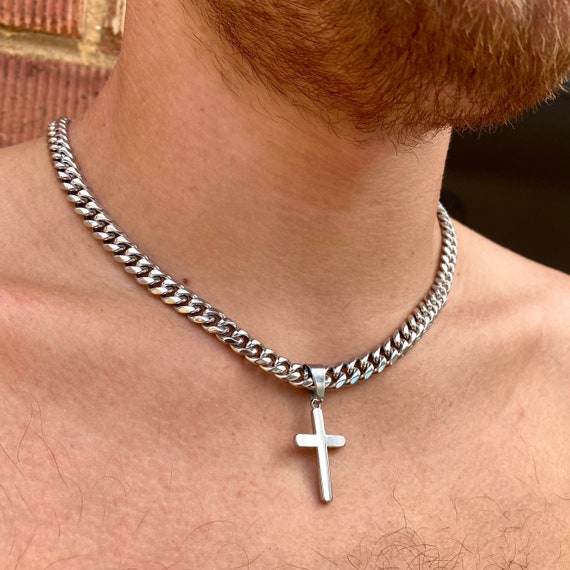 Mens Necklace, Silver Cross Pendant Men, Thick Silver Chain Cross Necklace  Mens Jewelry, Crucifix Choker Chain Pendant by Twistedpendant 