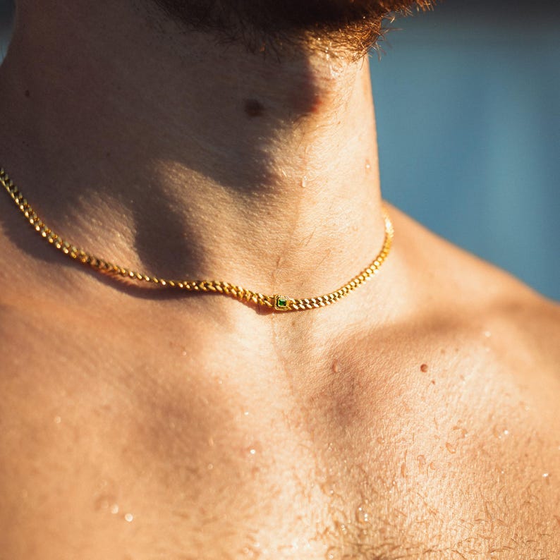 Mens Necklace - Silver Green Vintage Gem Necklace