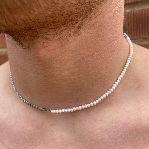 Mens Pearl Necklace, Thin 3mm Freshwater Pearl Chain