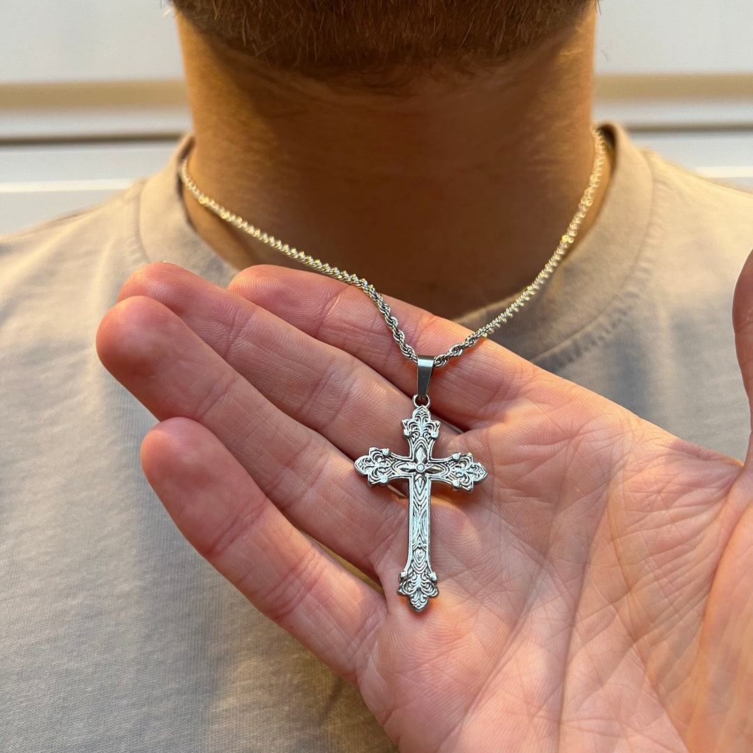 Mens Necklace Vintage Silver Cross Necklace Large Cross Necklace Men