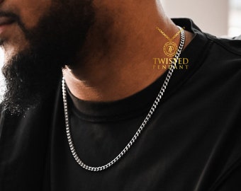 Mens Chain Silver Necklace Chain Choker Cuban Curb 3mm Stainless Steel Necklace For Men, Mens Jewellery UK - By Twistedpendant