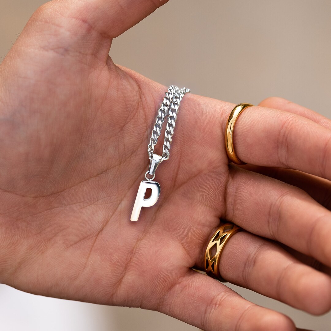 Mens Initial Necklace, Silver Initial Pendant Necklace for Men Initial