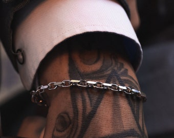 925 Sterling Silver 4mm Bracelet - Rolo Link Bracelet For Men - Chunky Bracelet Men - Mens Jewelry - Rhodium Chain Bracelet- Jewelry For Him