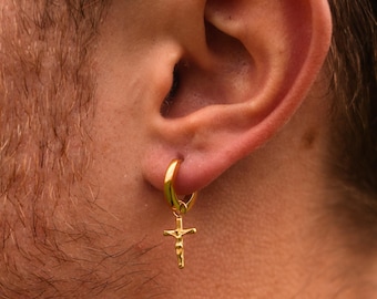 18K Gold Cross Dangle Earring - Mens Earrings - Dangle Cross Hoop Earring For Men - Mens Jewelry Gold Crucifix Earring By Twistedpendant