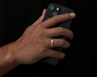 Anel de prata com raio, totalmente ajustável, para homens, com design de corvo, joia unissex, em aço, para mulheres, estilo streetwear.