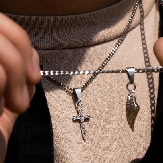 Collana A Croce In Argento 925 URONE – Ciondolo Crocifisso Con Rosa, Nero, Catena 18+2 Pollici, Gioiello Religioso Unisex