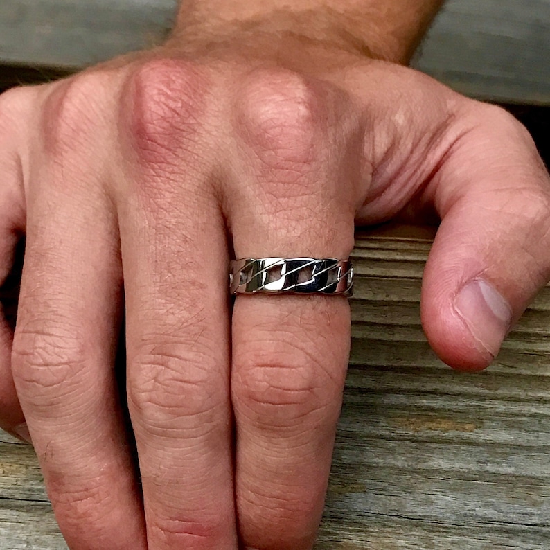 Mens Ring Cuban Chain Styled Ring Silver- Polished Ring- Man Ring- Silver Signet Ring- Men Jewelry- For Him Gift- Stainless Steel Ring 