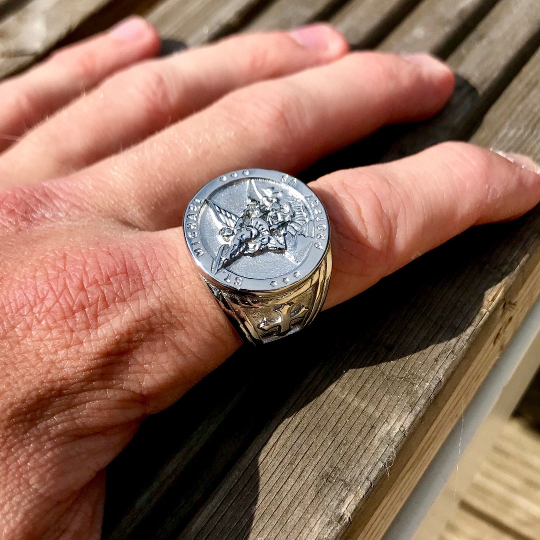 Mens Silver St Michael Ring Signet Sovereign Jewelry Gift 