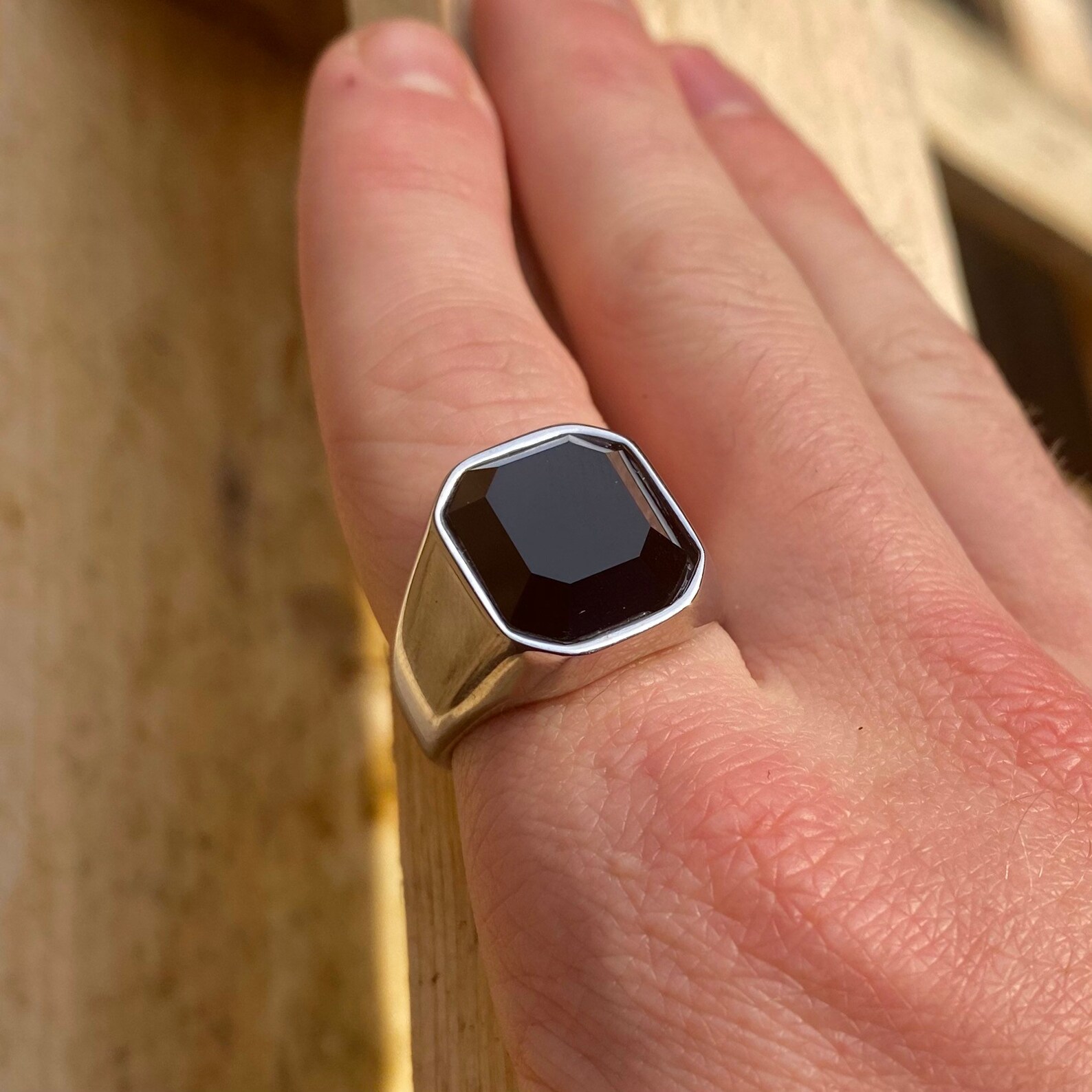 Mens Ring Silver Black Stone Ring Mens Stainless Steel Etsy UK