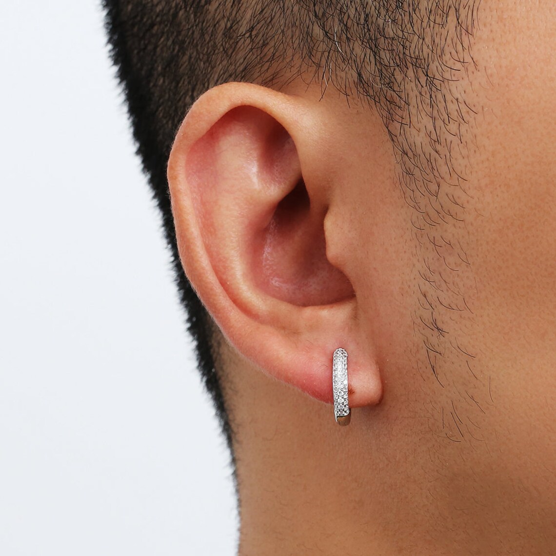 Mens Silver Hoop Huggie Earrings CZ White Gold Diamond Etsy
