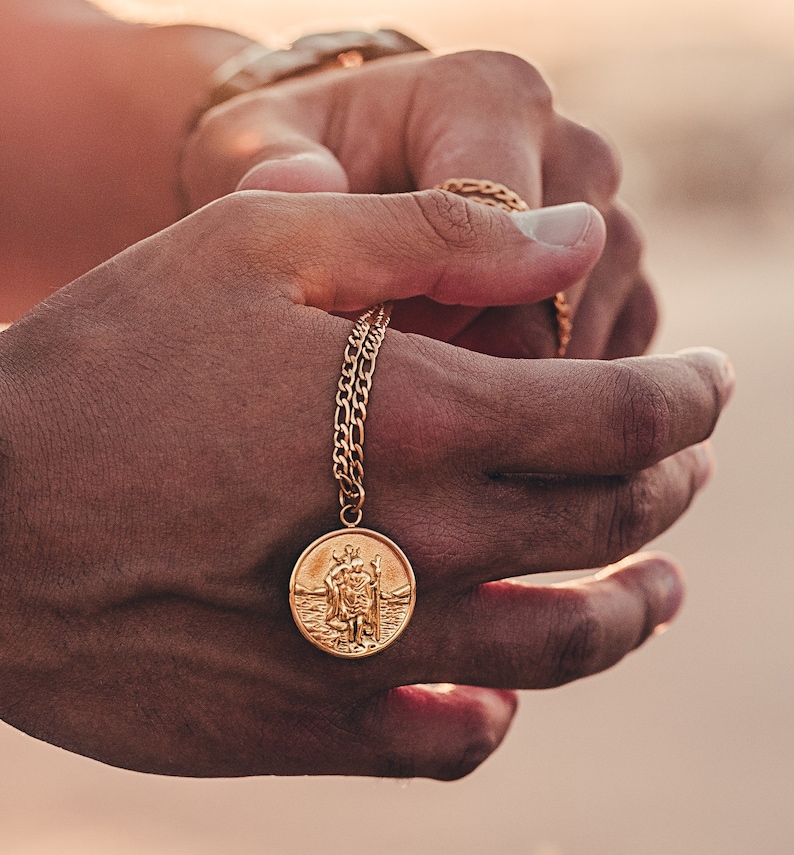 Mens Necklace St Christopher Necklace Mens Gold Chain Etsy UK