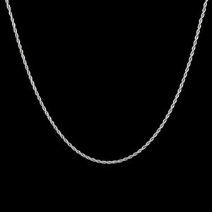 May include: A silver rope chain necklace on a black background.