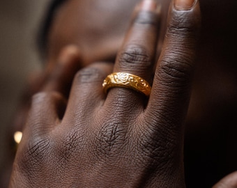 Mens Ring - Chunky Patterned Band Ring For Men - 18k Gold Ring - Mens Stainless Steel Ring - Mens Jewelry - Gold Vintage Style Ring