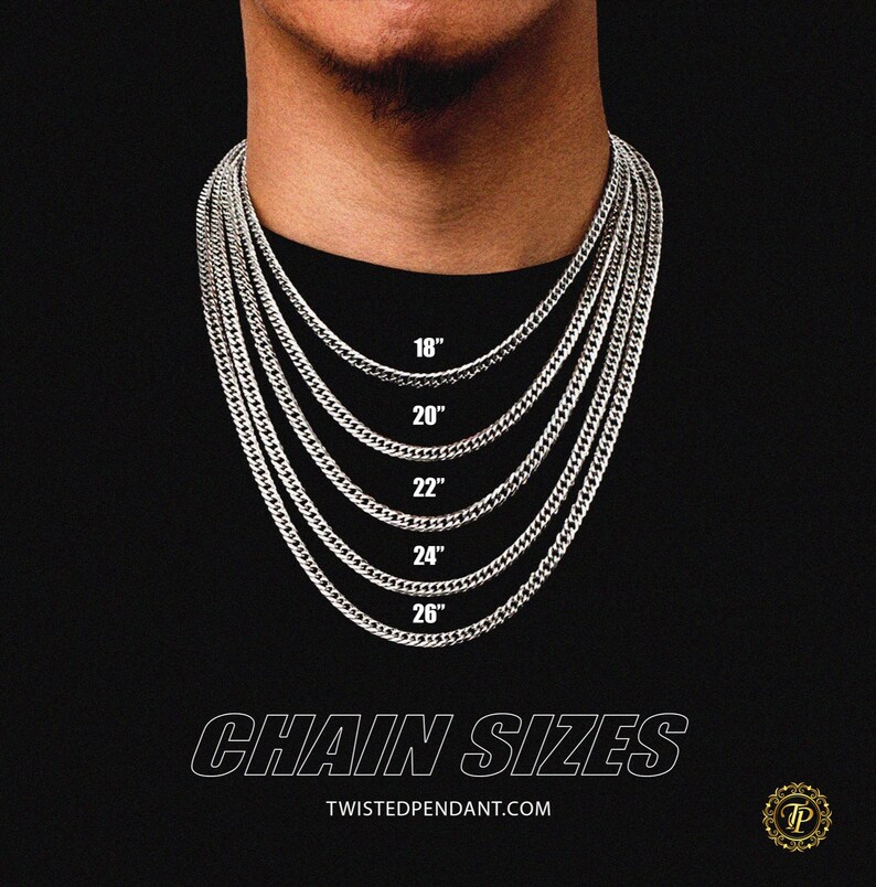 May include: A silver chain necklace in various lengths, from 18 inches to 26 inches, displayed on a model's neck. The image shows the different chain sizes available for purchase. The text "CHAIN SIZES" and "TWISTEDPENDANT.COM" are displayed below the image.