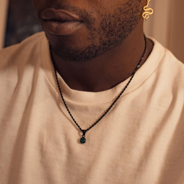 Mens Necklace - Black Opal Necklace For Men - Black Chain Pendant - Mini Opal Pendant - Mens Jewelry - Black Pendant Necklace Rope Chain