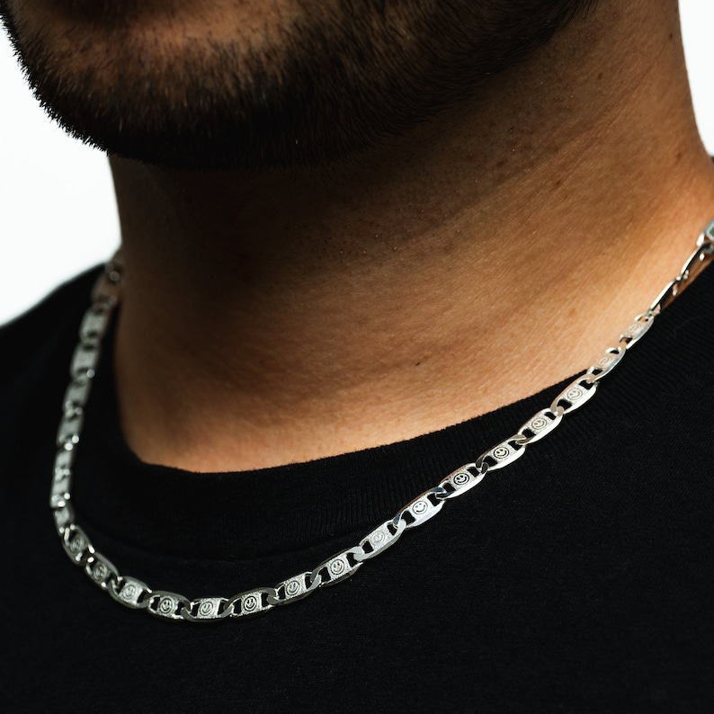 Mens Necklace - Silver Valentino Chunky Chain Necklace - 925 Sterling Silver Necklace For Men - Custom Smile Face Chain By Twistedpendant image 2