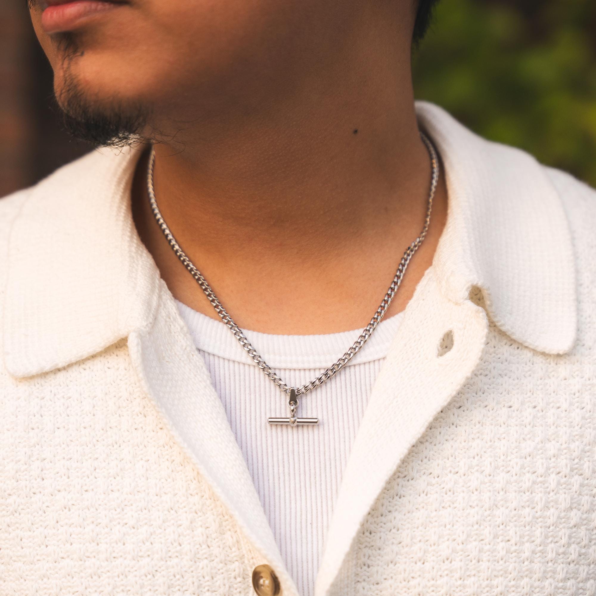 Mens Necklace - T Bar Pendant Necklace For Men - Silver Chain