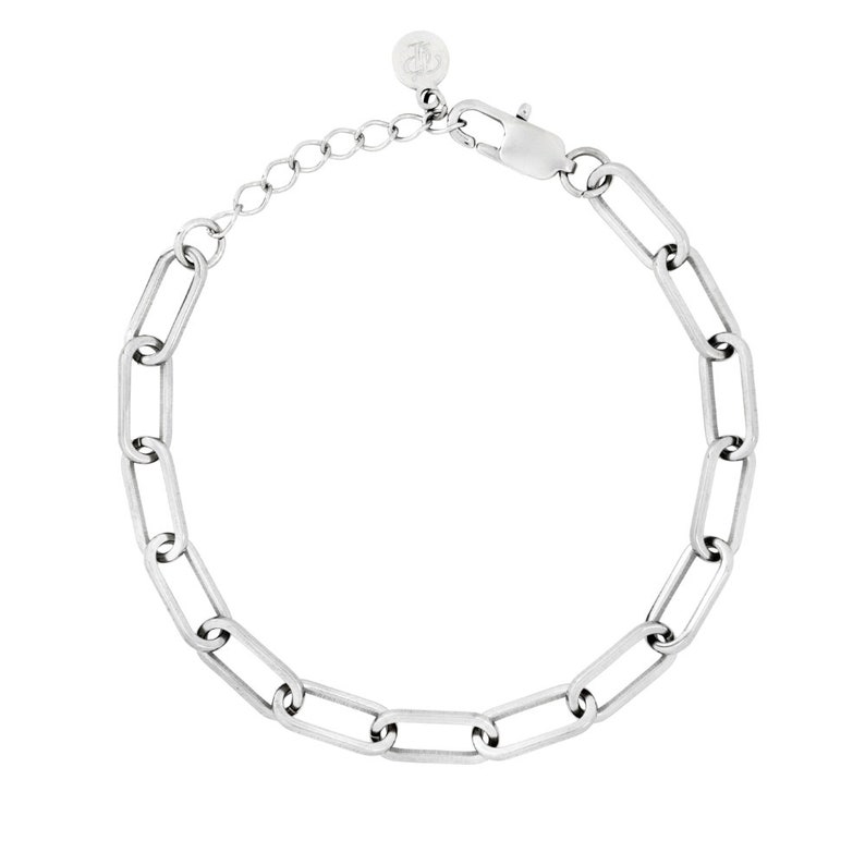 May include: Silver-toned chain bracelet with elongated rectangular links. The bracelet features a lobster clasp closure and an adjustable chain for a customized fit. A small, round charm is attached near the adjustable chain.