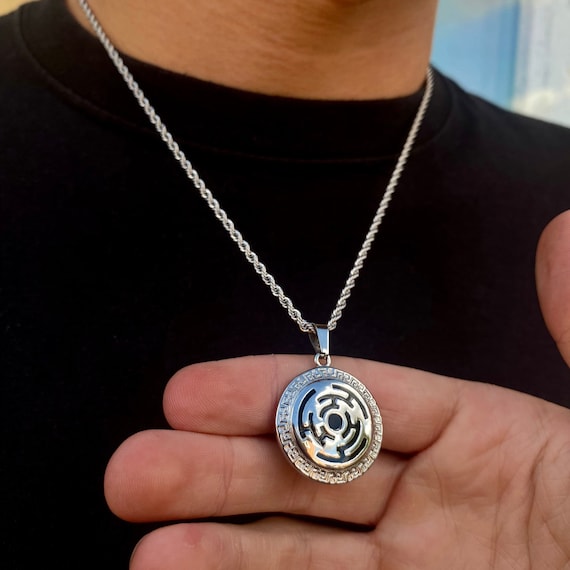 Mens Necklace - Silver Maze Pendant Necklace for Men - Onyx