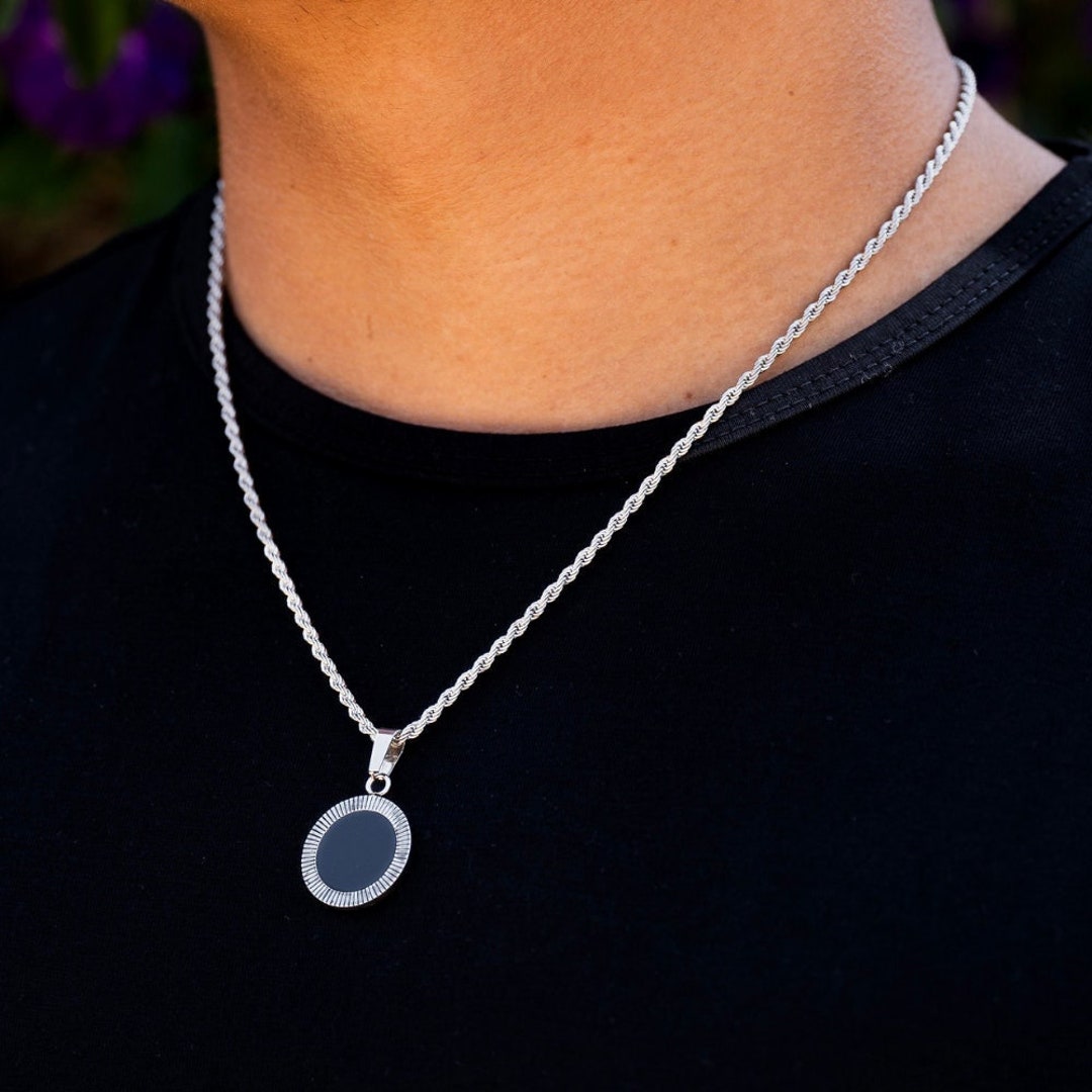 Silver Onyx Mens Necklace Silver Round Pendant Necklace for Men Spiral
