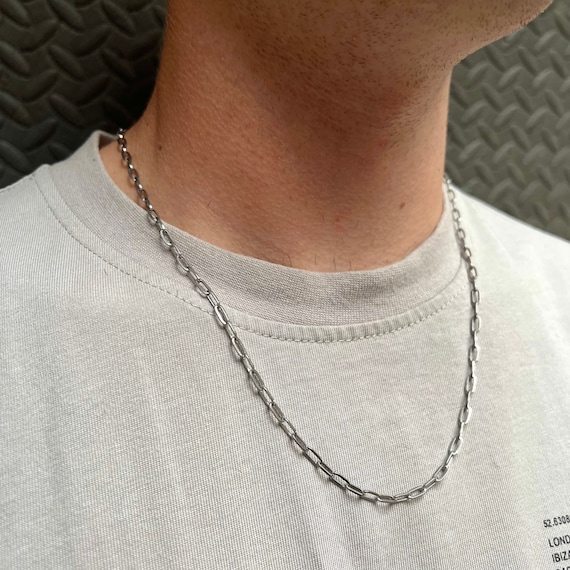 男性用シルバーペーパークリップネックレスチェーン、3mmマイクロ