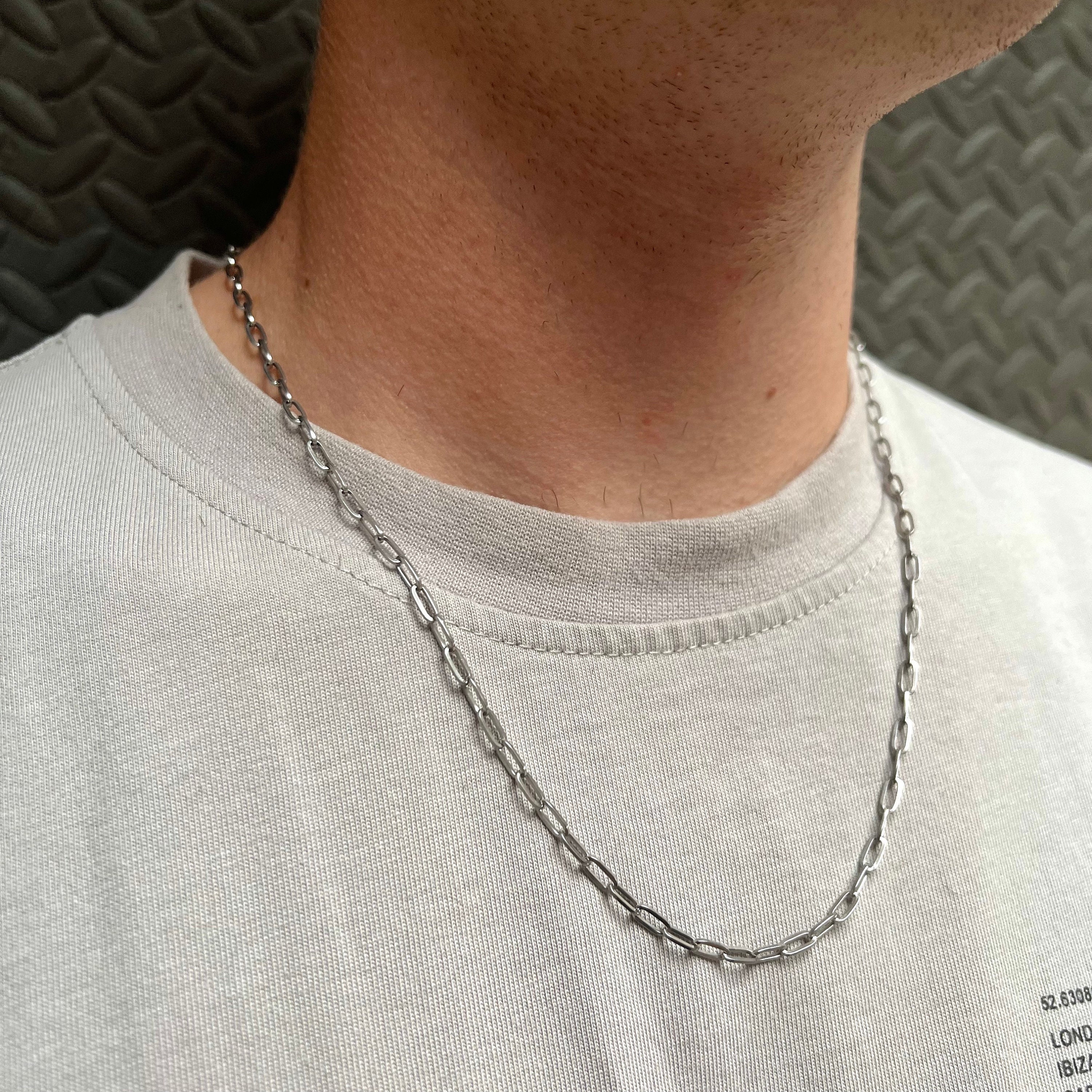 Silver Paperclip Necklace Chain for Men, 3mm Micro Silver Chain