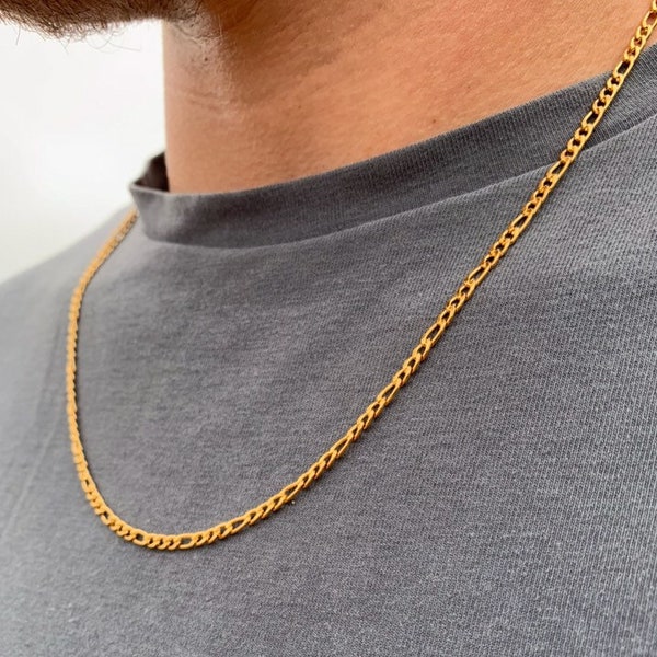 18k Gold Figaro Chain Necklace, Mens Gold Chain 3mm Link Chains for Men, Gold Minimalist Chains, Figaro Necklace For Men - By Twistedpendant