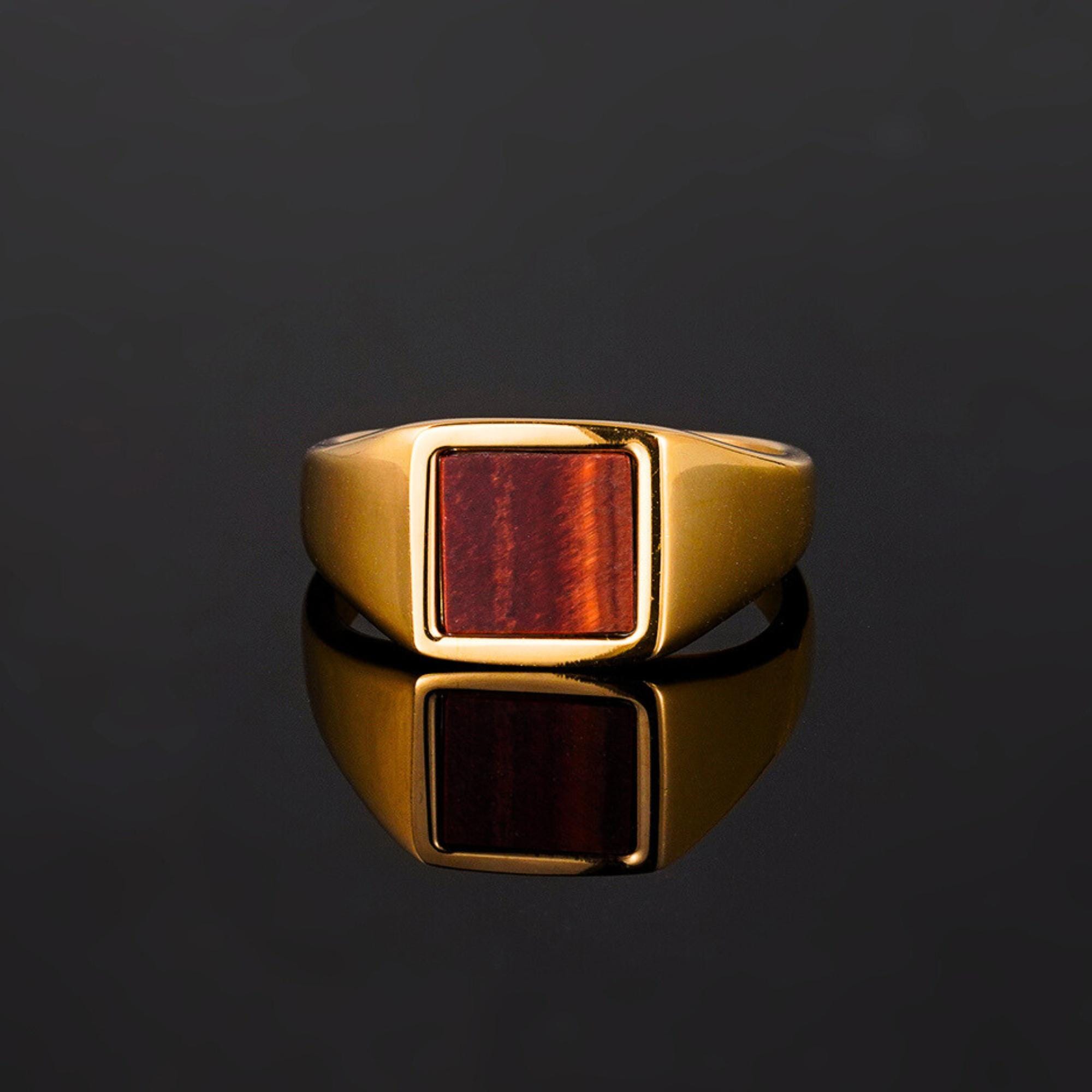 Mens Ring - 18K Gold Red Tigers Eye Signet Ring for Men - Mens