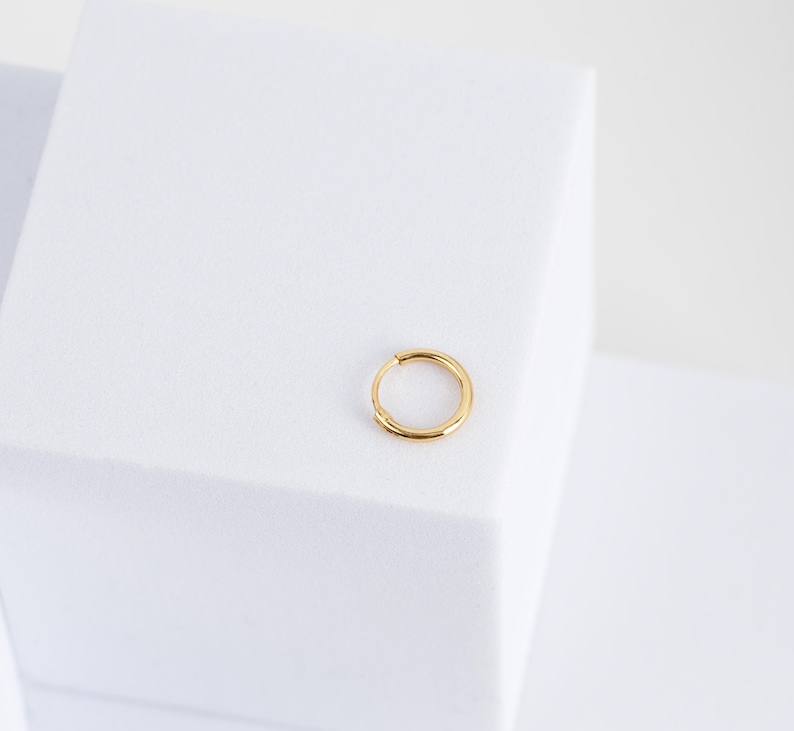 Puede incluir: Un solo pendiente de aro de color dorado. El pendiente es circular y tiene un dise&ntilde;o simple y minimalista. El pendiente est&aacute; sobre un fondo blanco.