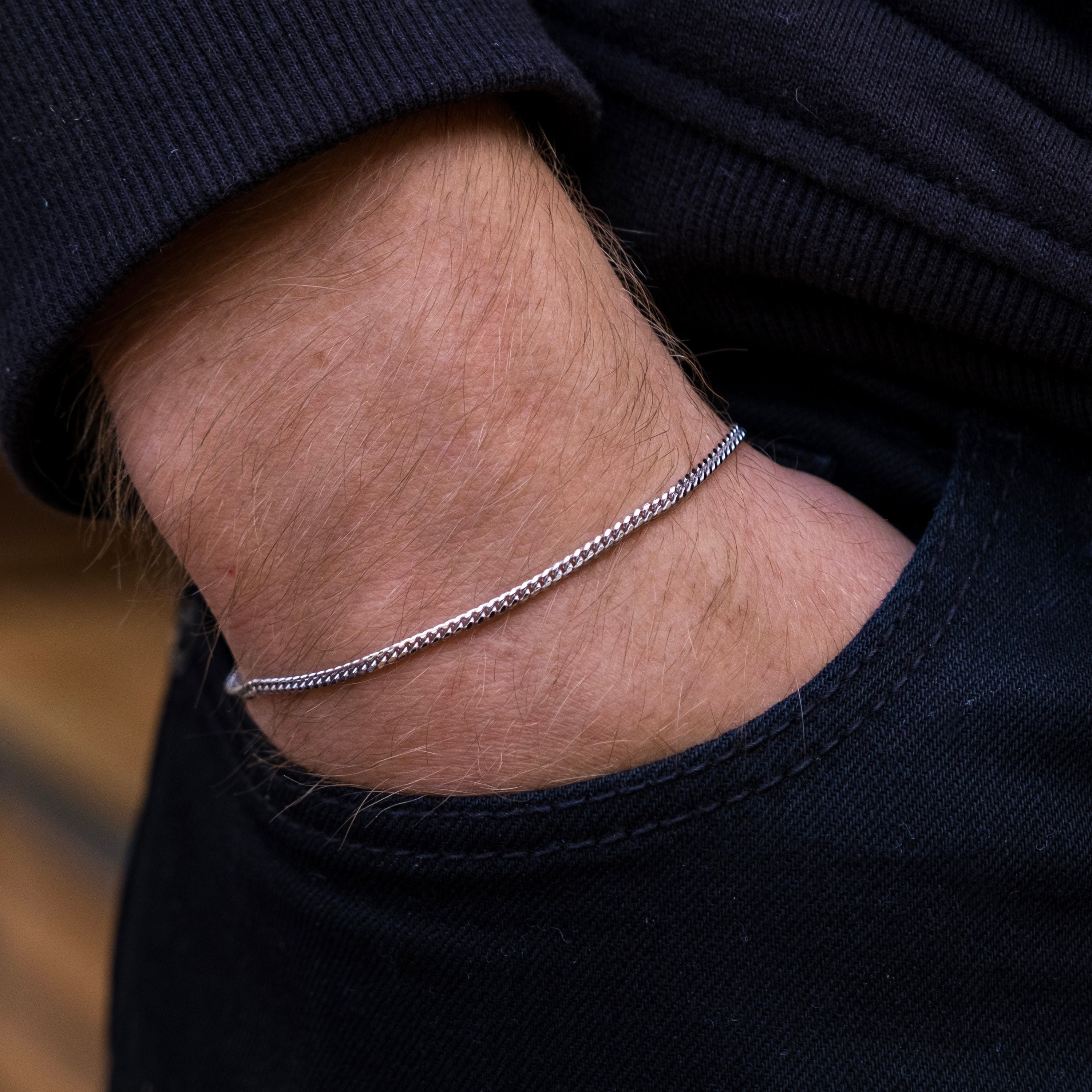 Mens Bracelet 2mm Thin Silver Bracelet Men 925 Sterling 